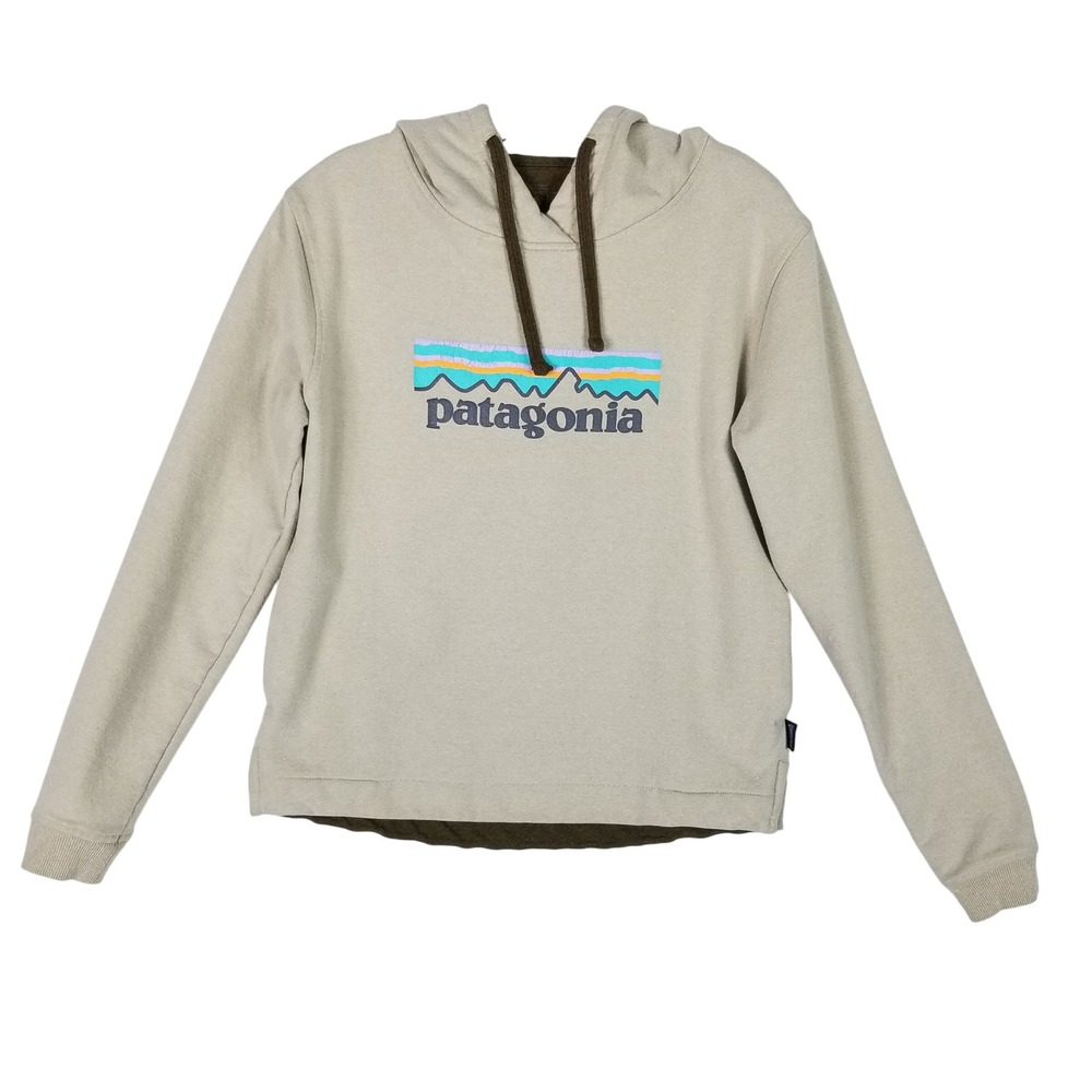 Patagonia Uprisal Hoody Mens Small Tan Fitz Roy Logo Recycled Fleece Pullover